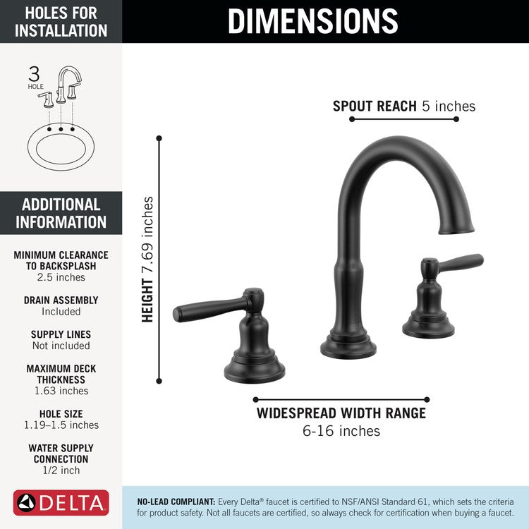 Lavatory Faucet Roe Widespread 6-16 Inch Spread 2 Lever ADA WaterSense Matte Black 1.2 Gallons per Minute Deck High Arc Push Pop Up with Overflow 3 Hole - Image 2