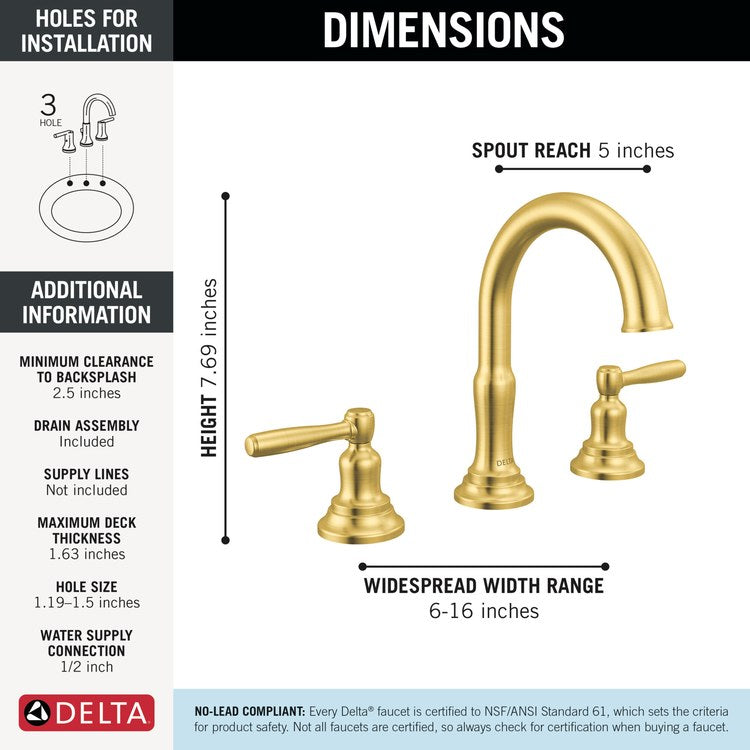 Lavatory Faucet Roe Widespread 6-16 Inch Spread 2 Lever ADA WaterSense Brushed Gold 1.2 Gallons per Minute Deck High Arc Push Pop Up with Overflow 3 Hole - Image 2