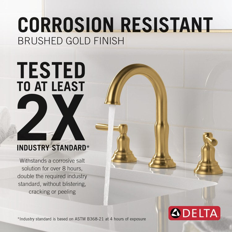 Lavatory Faucet Roe Widespread 6-16 Inch Spread 2 Lever ADA WaterSense Brushed Gold 1.2 Gallons per Minute Deck High Arc Push Pop Up with Overflow 3 Hole - Image 3