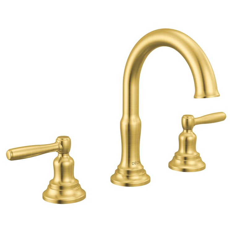 Lavatory Faucet Roe Widespread 6-16 Inch Spread 2 Lever ADA WaterSense Brushed Gold 1.2 Gallons per Minute Deck High Arc Push Pop Up with Overflow 3 Hole - Image 1