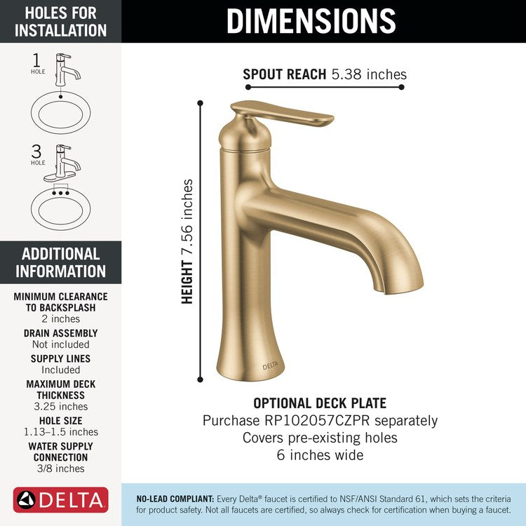 Lavatory Faucet Bonacci 1 Lever ADA WaterSense Lumicoat Champagne Bronze 1.2 Gallons per Minute Deck Push Pop-Up with Flange and Stopper 1/3 Hole - Image 2