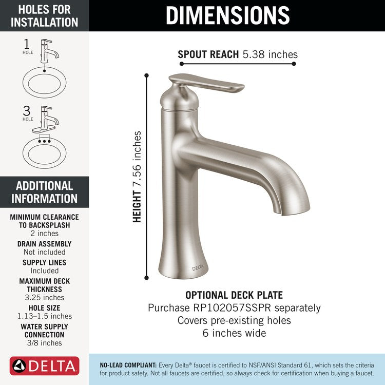 Lavatory Faucet Bonacci 1 Lever ADA WaterSense Lumicoat Stainless 1.2 Gallons per Minute Deck Push Pop-Up with Flange and Stopper 1/3 Hole - Image 2