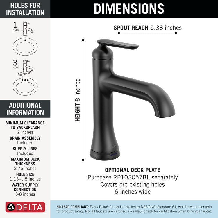 Lavatory Faucet Bonacci Touchless 1 Lever ADA WaterSense Matte Black 1.2 Gallons per Minute Deck Push Pop-Up with Flange and Stopper 1/3 Hole TempSense/Touch2O - Image 2