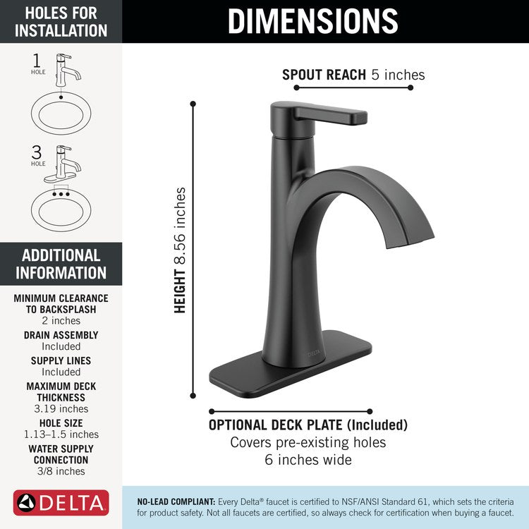 Lavatory Faucet Lineax 1 Lever ADA WaterSense Matte Black 1.2 Gallons per Minute Deck Metal Push Pop Up with Flange and Stopper 1/3 Hole - Image 2