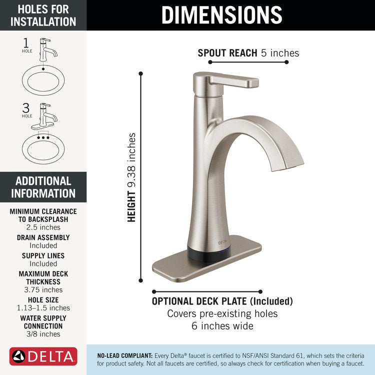 Lavatory Faucet Lineax Touch2O Touchless 1 Lever ADA WaterSense Brilliance Stainless 1.2 Gallons per Minute Deck Rigid Metal Push Pop-Up 1/3 Hole TempSense - Image 2