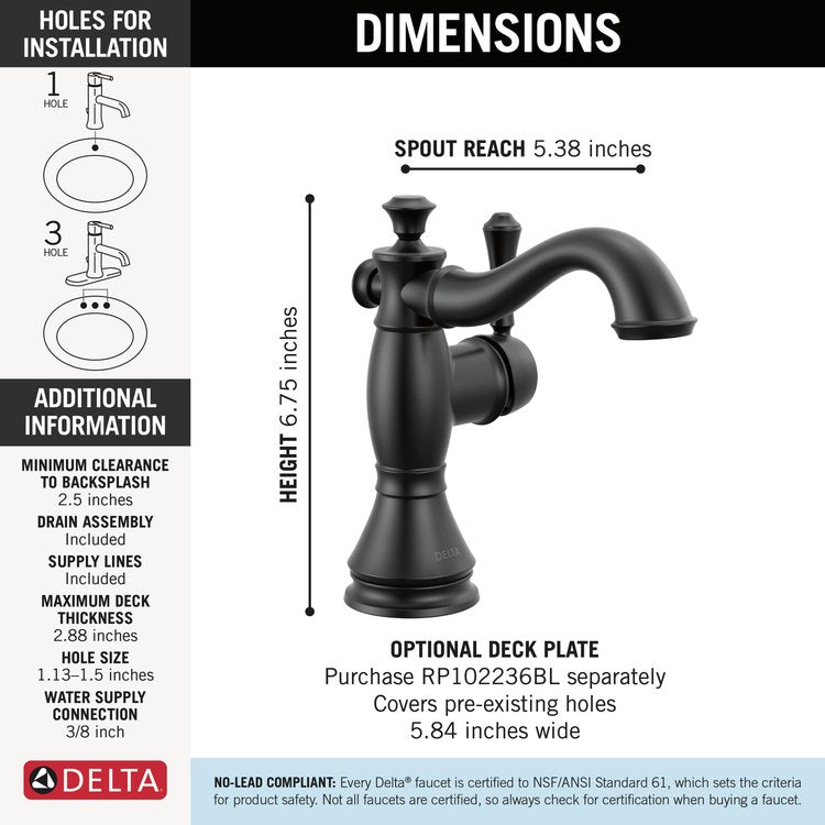 Lavatory Faucet Cassidy 1 Lever ADA WaterSense/CALGreen Matte Black 1.2 Gallons per Minute Deck Metal Push Pop-Up 1/3 Hole - Image 2