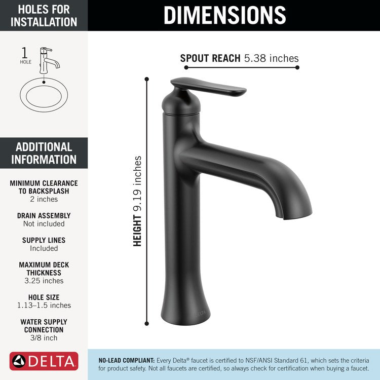 Lavatory Faucet Bonacci 1 Lever ADA WaterSense Matte Black 1.2 Gallons per Minute Deck Less Drain 1 Hole - Image 2