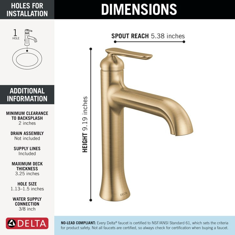 Lavatory Faucet Bonacci 1 Lever ADA WaterSense Lumicoat Champagne Bronze 1.2 Gallons per Minute Deck Less Drain 1 Hole - Image 2