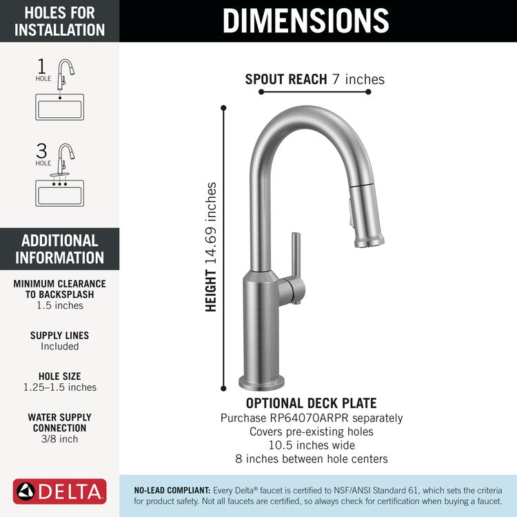 Bar Faucet Cordova 1 Lever ADA Lumicoat Arctic Stainless Diamond Seal Technology 2 Function Pull Down 360 DEG Swivel 1.8 Gallons per Minute - Image 2