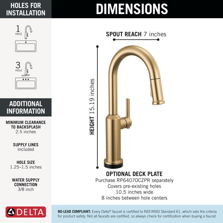 Bar Faucet Cordova Touch2O with Touchless 1 Lever ADA Lumicoat Champagne Bronze Diamond Seal Technology 2 Function Pull Down 360 DEG Swivel 1.8 Gallons per Minute - Image 2