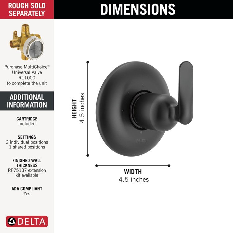 Diverter Trim Bonacci 1 Shared Function 3 Functions Matte Black 1 Lever ADA for Requires R11000 Rough-In Not Included - Image 2