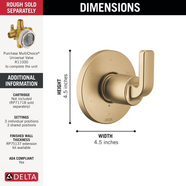 Diverter Trim Lineax 3 Port 6 Functions Brilliance Champagne Bronze 1 Lever ADA for R11000 Rough-In - Image 3