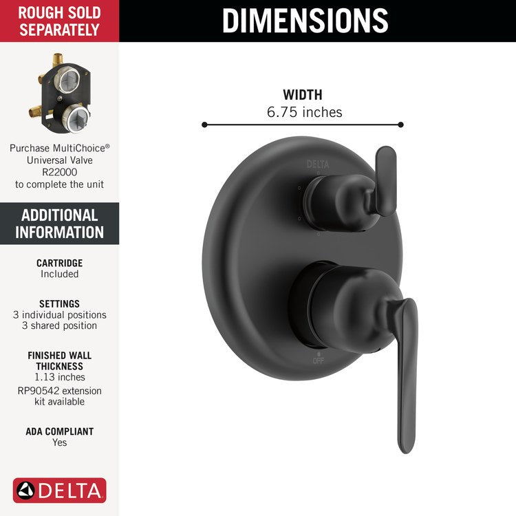Pressure Balance Valve Trim Bonacci 14 Series with 6 Function Integrated Diverter 2 Lever Matte Black CALGreen ADA for MultiChoice Universal Rough Valve Body R22000 Series - Image 3