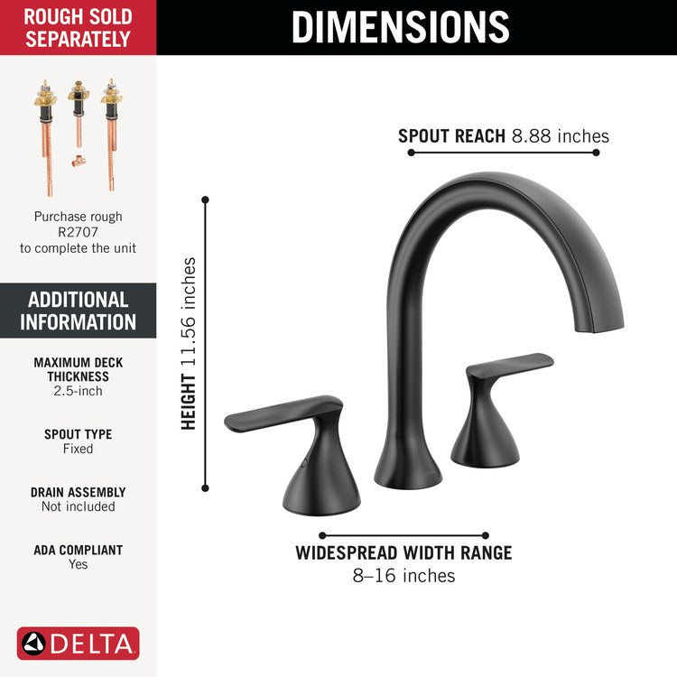 Roman Tub Trim Bonacci 2 Lever Matte Black ADA 8 to 16 Inch Spread 3 Hole - Image 2