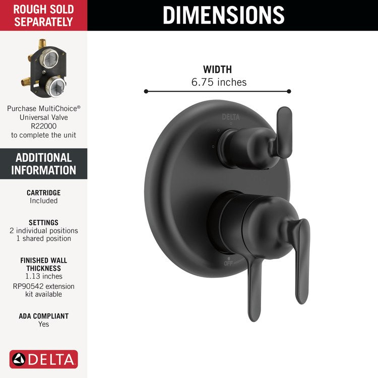 Pressure Balance Valve Trim Bonacci 17 Series with 3 Function Integrated Diverter 3 Lever Matte Black CALGreen ADA for MultiChoice Universal Rough Valve Body R22000 Series - Image 3
