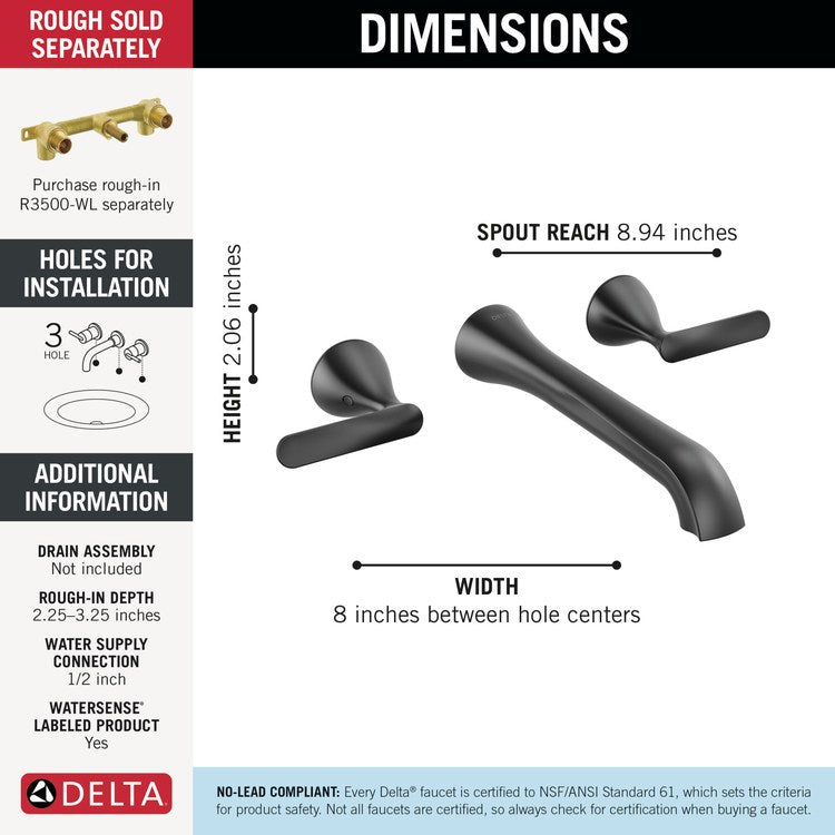Lavatory Faucet Bonacci 8 Inch Spread 2 Lever ADA WaterSense Matte Black 1.2 Gallons per Minute Wall Less Drain 3 Hole - Image 2