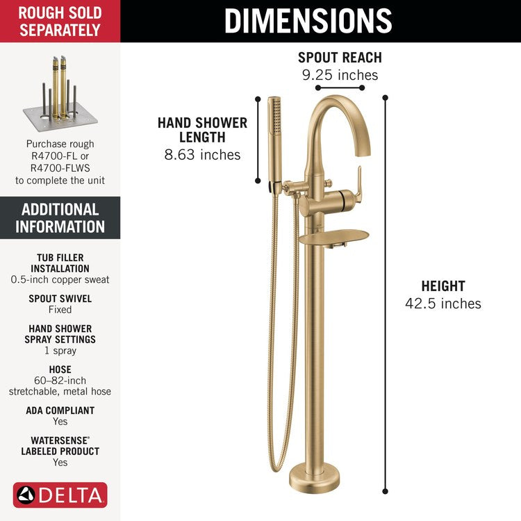 Tub Filler Trim Bonacci with Handshower and Shelf 1 Lever Lumicoat Champagne Bronze WaterSense ADA 7-1/2 Inch Spread Floor 10 Gallons per Minute - Image 2