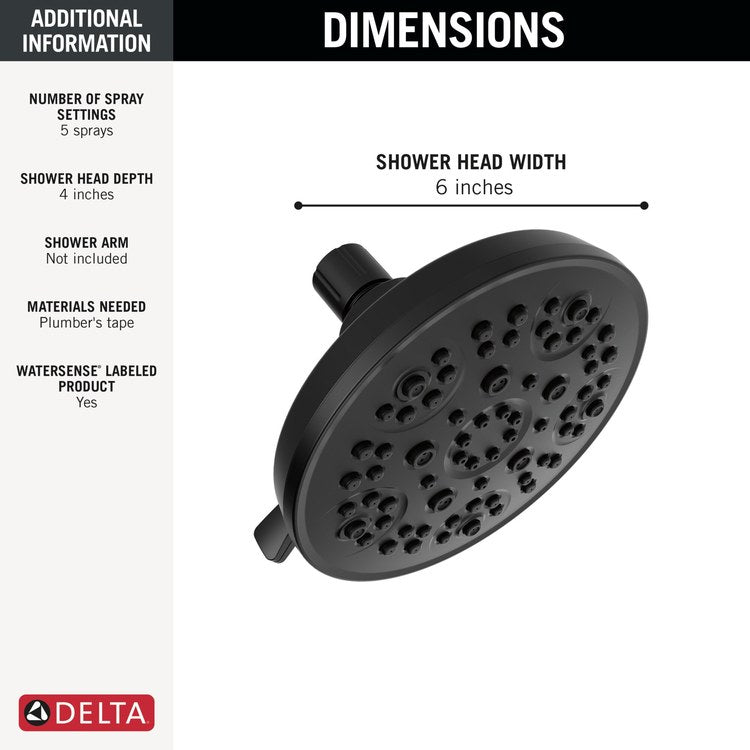 Showerhead Universal Showering Components 5 Functions Matte Black 6 Inch 1.75 Gallons per Minute Swivel Round - Image 3