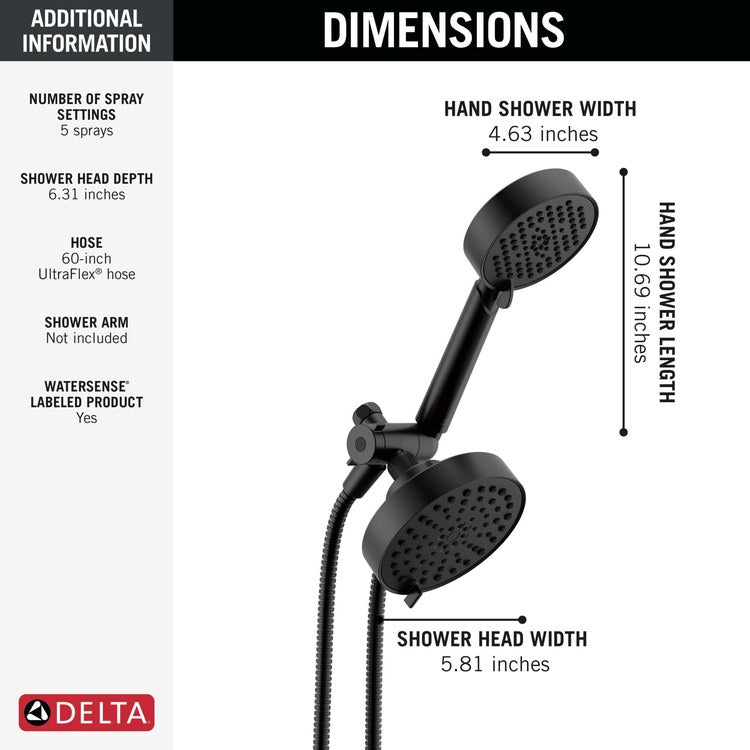 Handshower/Showerhead Combination Universal Showering Components 2-In-1 Matte Black WaterSense 5 Function 5-4/5 Inch 4 Function Round 1.75 Gallons per Minute - Image 3