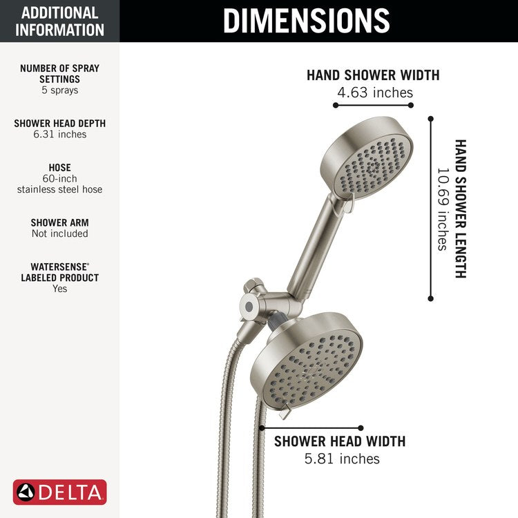Handshower/Showerhead Combination Universal Showering Components 2-In-1 Brilliance Stainless WaterSense 5 Function 5-4/5 Inch 4 Function Round 1.75 Gallons per Minute - Image 3