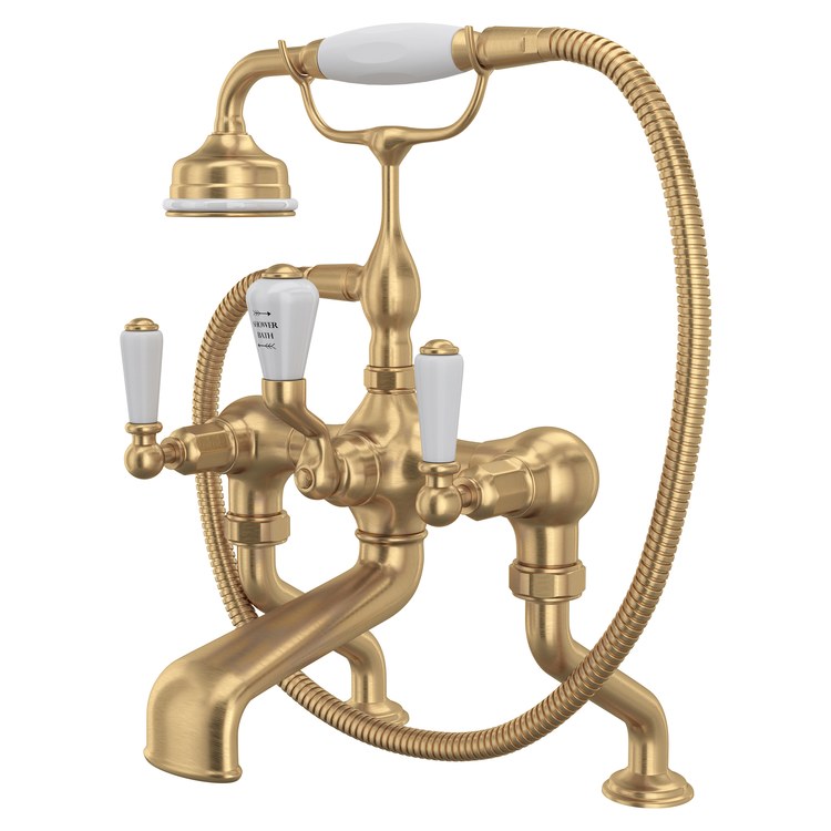 Tub Filler Edwardian with Handshower 6 to 10 Inch Spread 3 Lever Satin English Gold Deck 19 Gallons per Minute