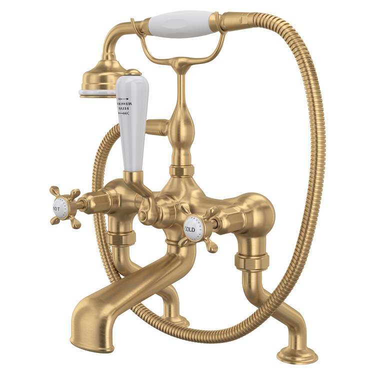 Tub Filler Edwardian with Handshower 6 to 10 Inch Spread 3 Cross/Lever Satin English Gold Deck 19 Gallons per Minute