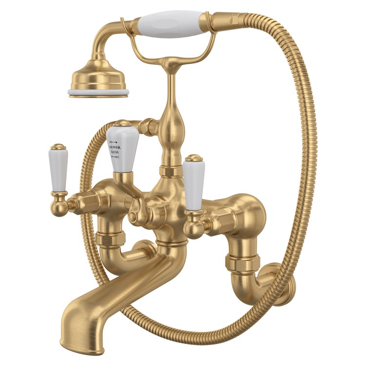 Tub Filler Edwardian Exposed Wall Mount with Handshower 7-7/8 Inch Spread 3 Lever Satin English Gold 19 Gallons per Minute