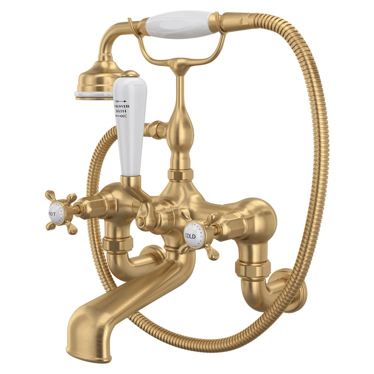 Tub Filler Edwardian Exposed Wall Mount with Handshower 7-7/8 Inch Spread 3 Cross/Lever Satin English Gold 19 Gallons per Minute