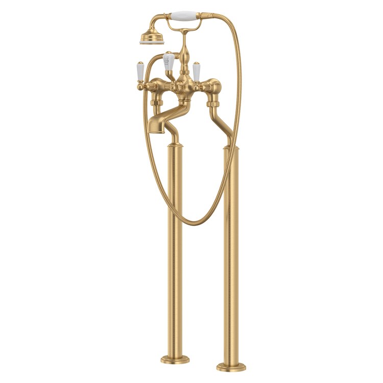 Tub Filler Edwardian Exposed Floor Mount with Handshower 7-7/8 Inch Spread 3 Lever Satin English Gold 19 Gallons per Minute