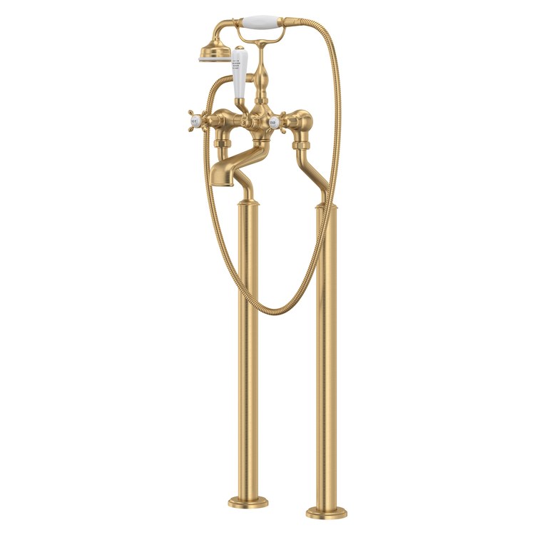 Tub Filler Edwardian Exposed Floor Mount with Handshower 7-7/8 Inch Spread 3 Cross/Lever Satin English Gold 19 Gallons per Minute