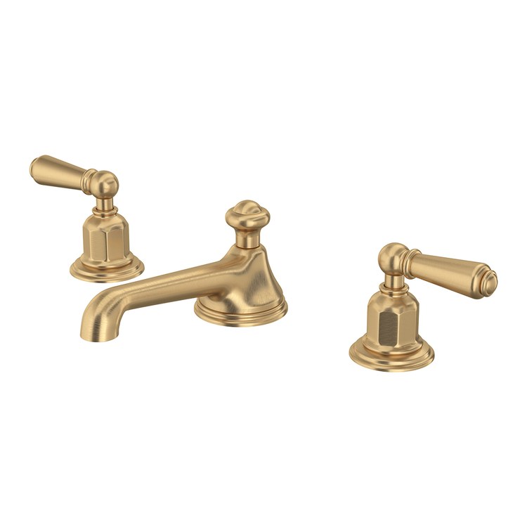Lavatory Faucet Edwardian Widespread 6 to 15-3/4 Inch Spread 2 Lever ADA WaterSense/cUPC Satin English Gold 1.2 Gallons per Minute Deck Fixed Lift Rod 3 Hole