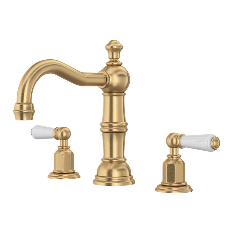 Lavatory Faucet Edwardian Widespread 6 to 15-3/4 Inch Spread 2 Lever ADA WaterSense/cUPC Satin English Gold 1.2 Gallons per Minute Deck Low Arc Swivel Lift Rod 3 Hole - Image 1