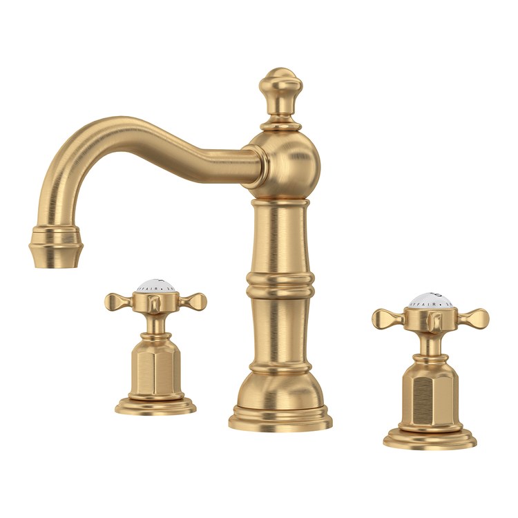 Lavatory Faucet Edwardian Widespread 6 to 15-3/4 Inch Spread 2 Cross CEC/WaterSense Satin English Gold 1.2 Gallons per Minute Deck Low Arc Pop-Up 3 Hole