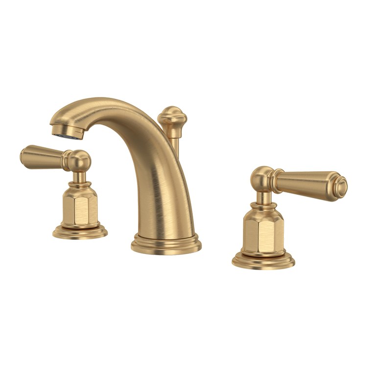 Lavatory Faucet Edwardian Widespread 6 to 16 Inch Spread 2 Lever ADA WaterSense Satin English Gold 1.2 Gallons per Minute Deck Lift Rod 3 Hole - Image 1