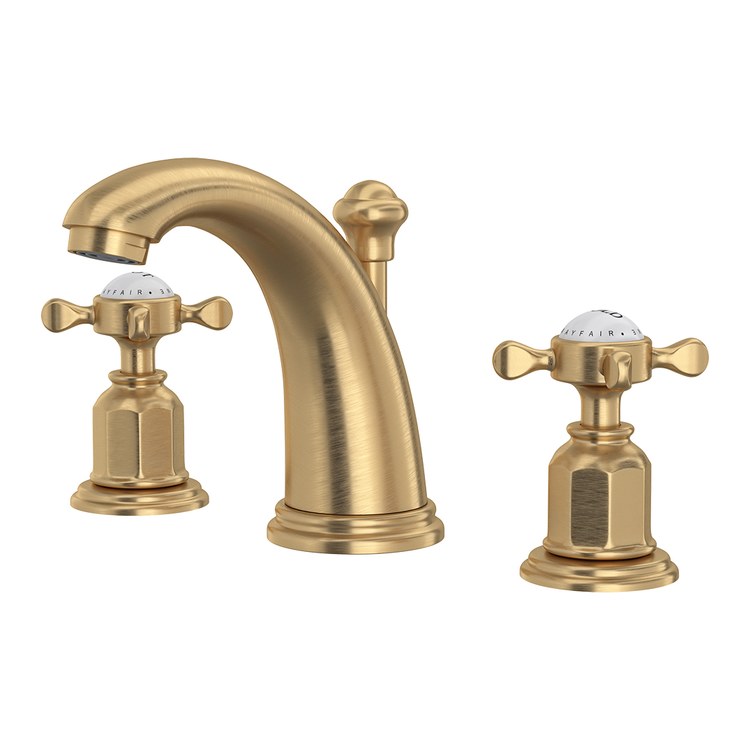 Lavatory Faucet Edwardian Widespread 6 to 16 Inch Spread 2 Cross WaterSense Satin English Gold 1.2 Gallons per Minute Lift Rod 3 Hole - Image 1