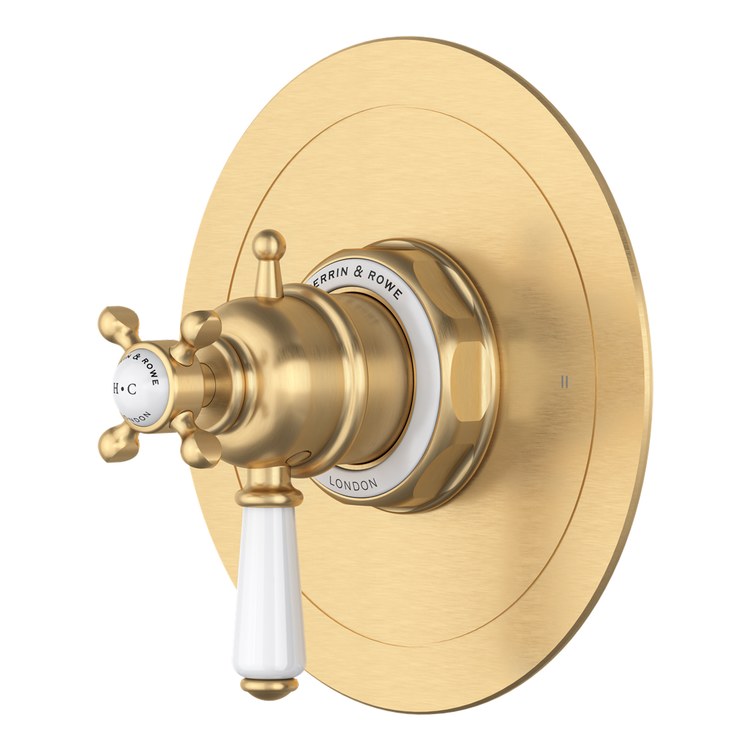 Thermostatic and Pressure Balance Valve Trim Edwardian Temperature and Volume Control with Diverter 2 Functions 2 Cross/Lever Satin English Gold 1/2 Inch for R23 Therm and Pressure Balance Rough-In Valve - Image 1