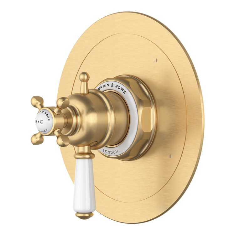 Thermostatic and Pressure Balance Valve Trim Edwardian Temperature and Volume Control with Diverter 5 Functions 2 Cross/Lever Satin English Gold 1/2 Inch for R45 Therm and Pressure Balance Rough-In Valve - Image 1