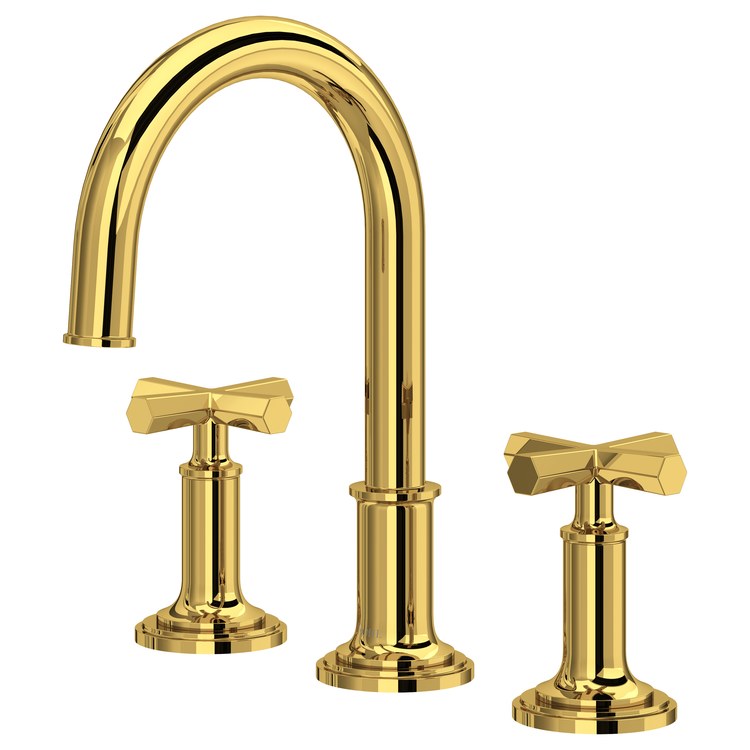 Lavatory Faucet San Giovanni Widespread 8 to 16 Inch Spread 2 Cross ADA WaterSense/cUPC Unlacquered Brass 1.2 Gallons per Minute Deck Gooseneck Swivel Push 3 Hole - Image 1