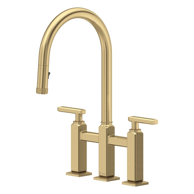 Kitchen Faucet Apothecary Bridge Pull Down 8 Inch Spread 2 Lever ADA cUPC Antique Gold Dual Swivel C-Spout 3 Hole Deck Mount 1.8 Gallons per Minute - Image 1