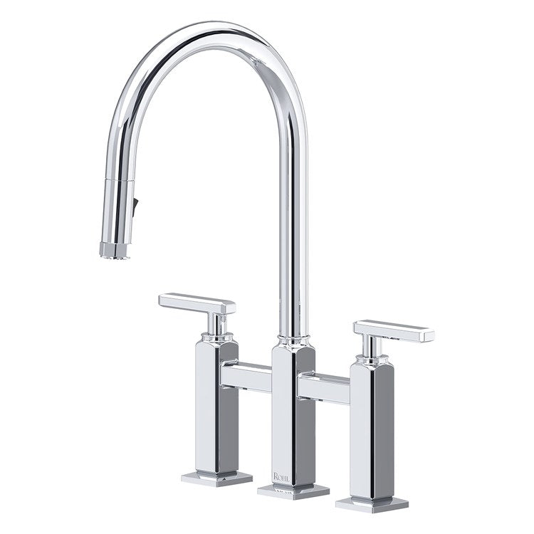 Kitchen Faucet Apothecary Bridge Pull Down 8 Inch Spread 2 Lever ADA cUPC Polished Chrome Dual Swivel C-Spout 3 Hole Deck Mount 1.8 Gallons per Minute - Image 1