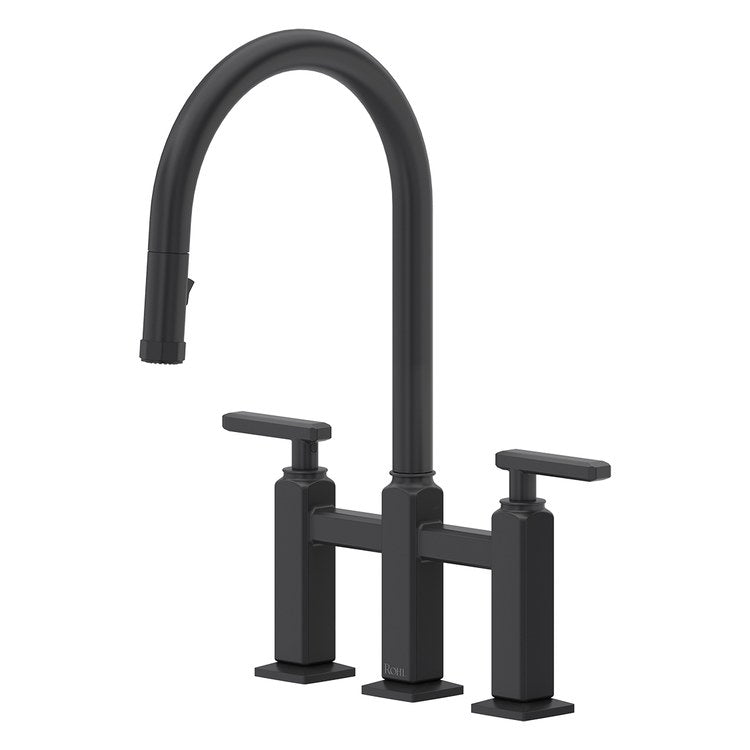 Kitchen Faucet Apothecary Bridge Pull Down 8 Inch Spread 2 Lever ADA cUPC Matte Black Dual Swivel C-Spout 3 Hole Deck Mount 1.8 Gallons per Minute