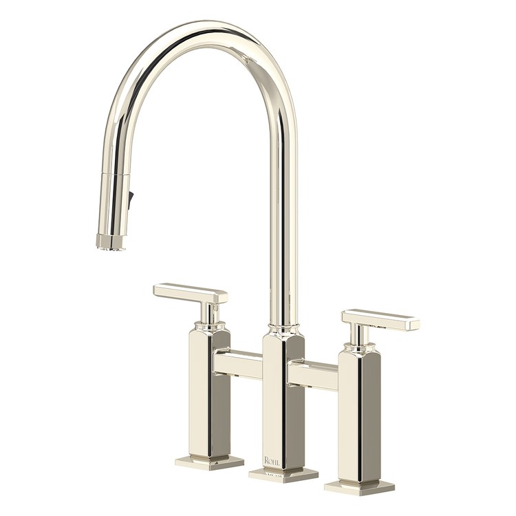 Kitchen Faucet Apothecary Bridge Pull Down 8 Inch Spread 2 Lever ADA cUPC Polished Nickel Dual Swivel C-Spout 3 Hole Deck Mount 1.8 Gallons per Minute