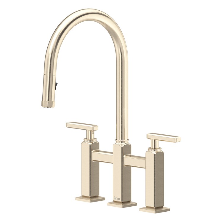 Kitchen Faucet Apothecary Bridge Pull Down 8 Inch Spread 2 Lever ADA cUPC Satin Nickel Dual Swivel C-Spout 3 Hole Deck Mount 1.8 Gallons per Minute