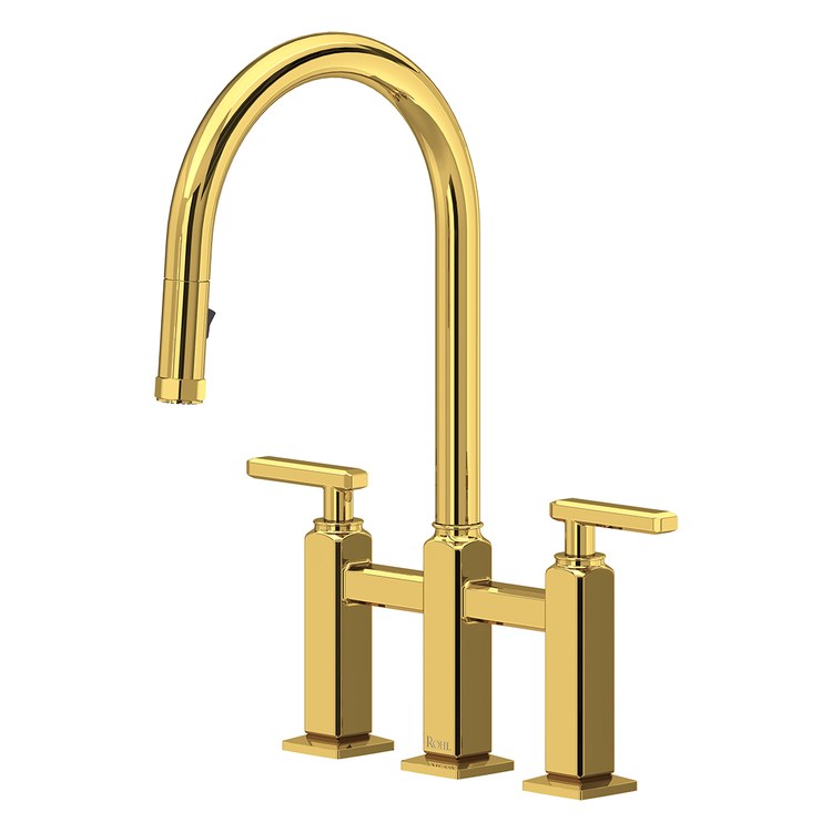 Kitchen Faucet Apothecary Bridge Pull Down 8 Inch Spread 2 Lever ADA cUPC Unlacquered Brass Dual Swivel C-Spout 3 Hole Deck Mount 1.8 Gallons per Minute - Image 1