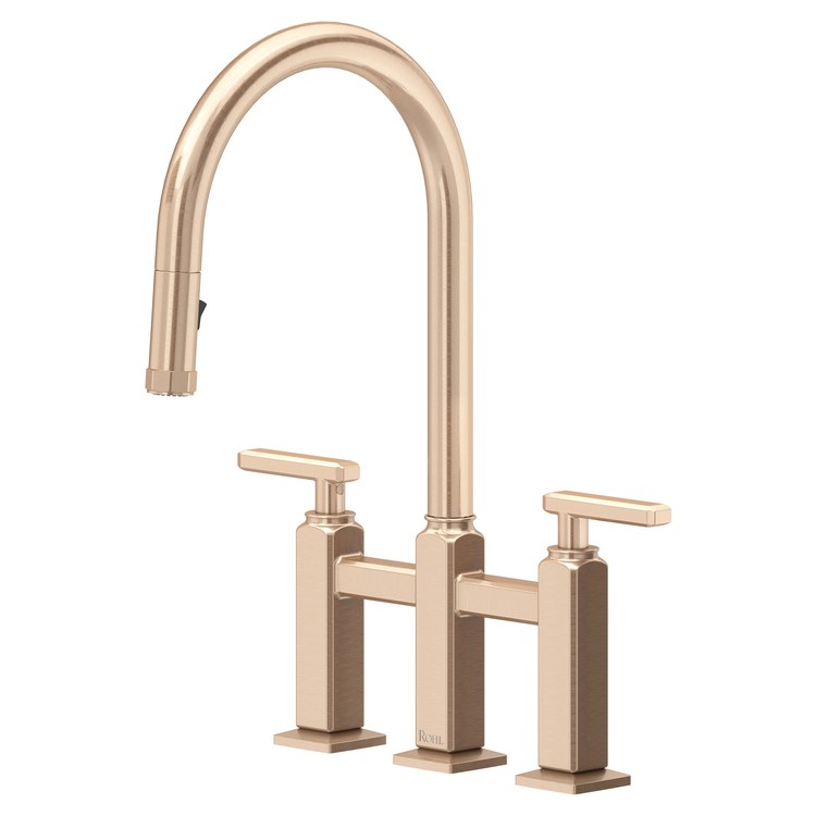 Kitchen Faucet Apothecary Bridge Pull Down 8 Inch Spread 2 Lever ADA cUPC Vintage Gold Dual Swivel C-Spout 3 Hole Deck Mount 1.8 Gallons per Minute - Image 1