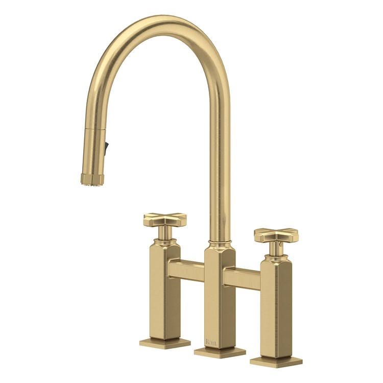 Kitchen Faucet Apothecary Bridge Pull Down 8 Inch Spread 2 Cross cUPC Antique Gold Dual Swivel C-Spout 3 Hole Deck Mount 1.8 Gallons per Minute - Image 1