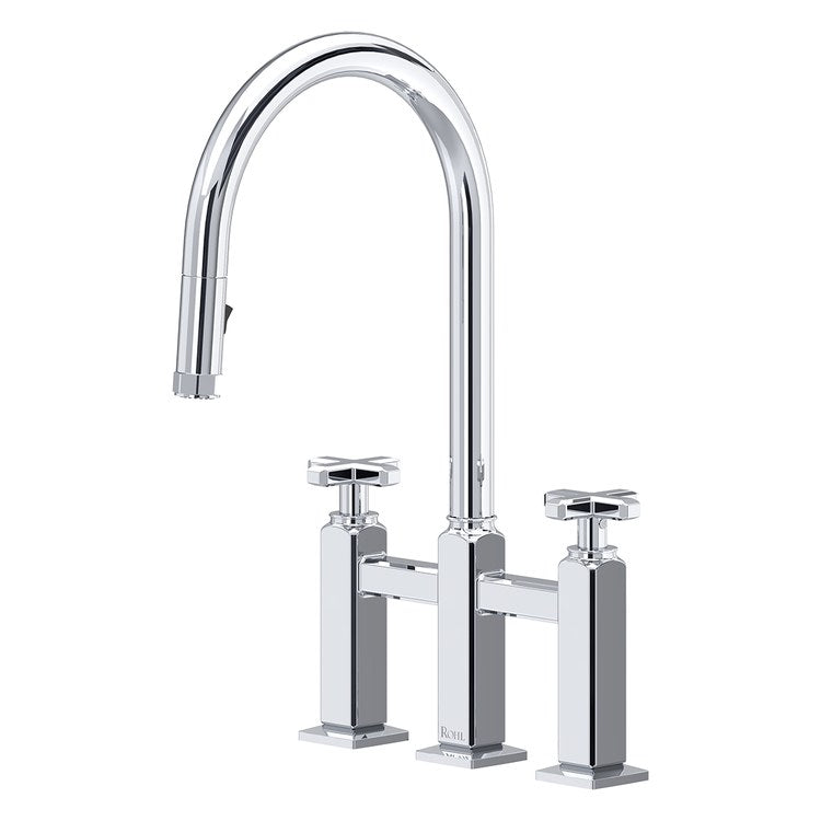 Kitchen Faucet Apothecary Bridge Pull Down 8 Inch Spread 2 Cross cUPC Polished Chrome Dual Swivel C-Spout 3 Hole Deck Mount 1.8 Gallons per Minute - Image 1