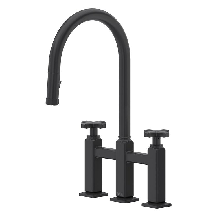 Kitchen Faucet Apothecary Bridge Pull Down 8 Inch Spread 2 Cross cUPC Matte Black Dual Swivel C-Spout 3 Hole Deck Mount 1.8 Gallons per Minute - Image 1