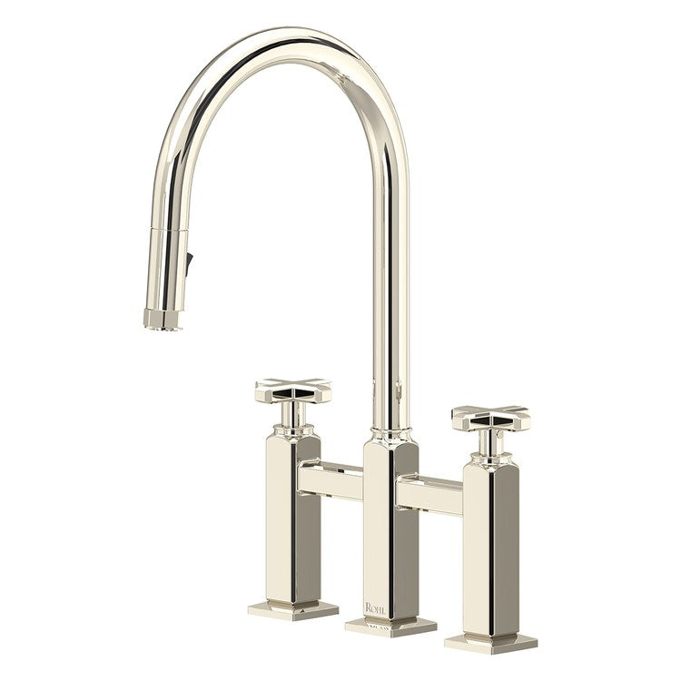 Kitchen Faucet Apothecary Bridge Pull Down 8 Inch Spread 2 Cross cUPC Polished Nickel Dual Swivel C-Spout 3 Hole Deck Mount 1.8 Gallons per Minute - Image 1