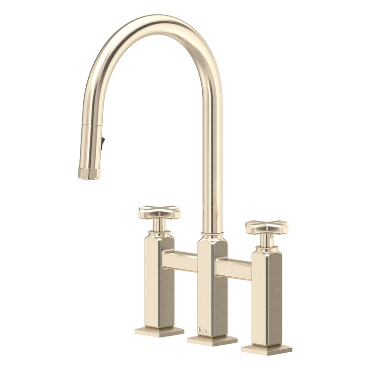 Kitchen Faucet Apothecary Bridge Pull Down 8 Inch Spread 2 Cross cUPC Satin Nickel Dual Swivel C-Spout 3 Hole Deck Mount 1.8 Gallons per Minute - Image 1
